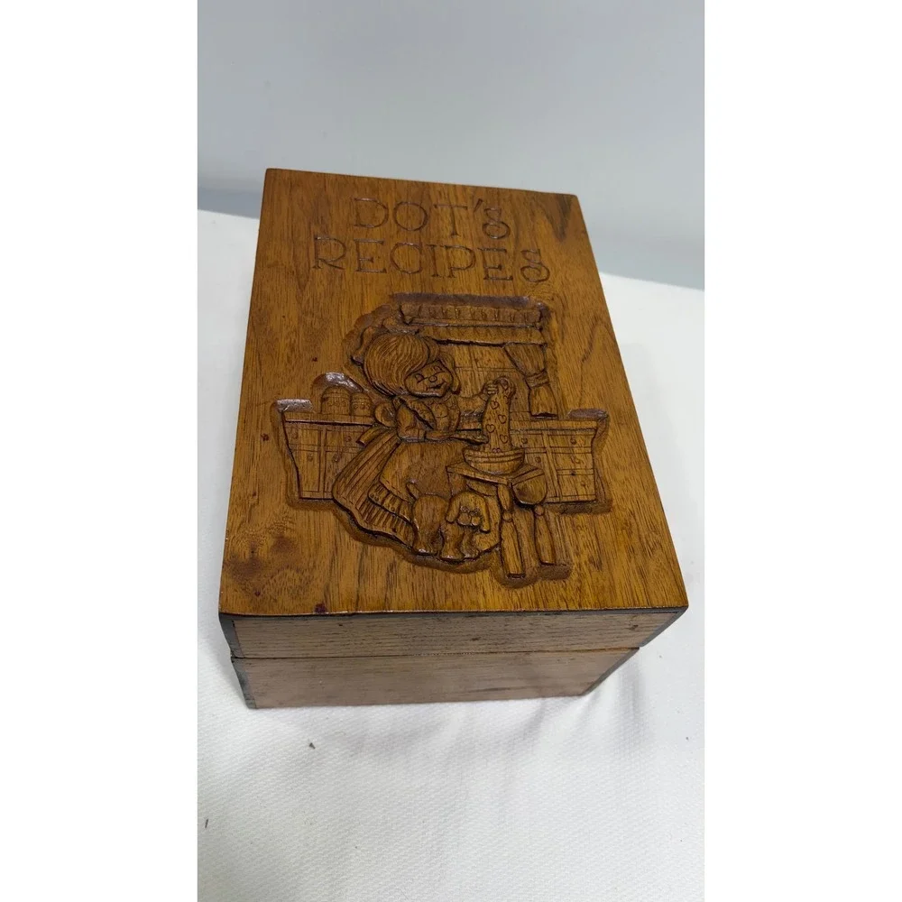Vintage Hand Carved Wooden Recipe Box Dots Recipes Rustic Kitchen Decor Brown